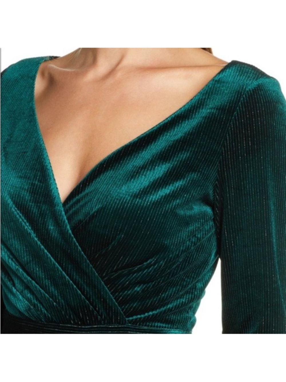 Mark + James Badgley Mischka Green Metallic Velvet V Neck Stripe Mini Dress Sz 4 - Picture 4 of 15